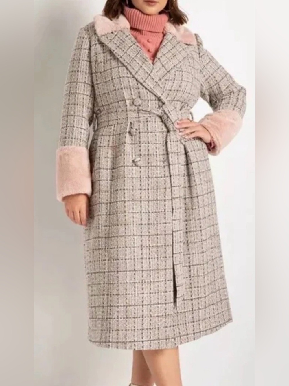 Eloquii Plaid Trench Coat with Pink and Gold Accents